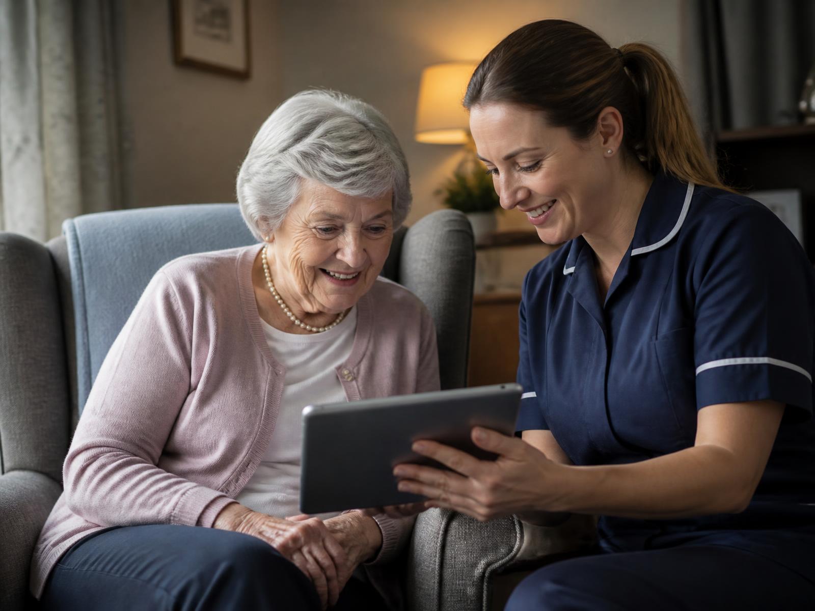 A care worker showing an older woman her care plan on a tablet at home